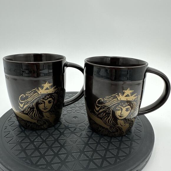 2- Starbucks 2012 Anniversary Brown Siren Crown Mermaid Gold Brown Coffee Cup - Picture 1 of 7